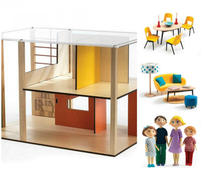 Domeček pro panenky - moderní domek - set s nábytkem a rodinou Gasparda a Romy