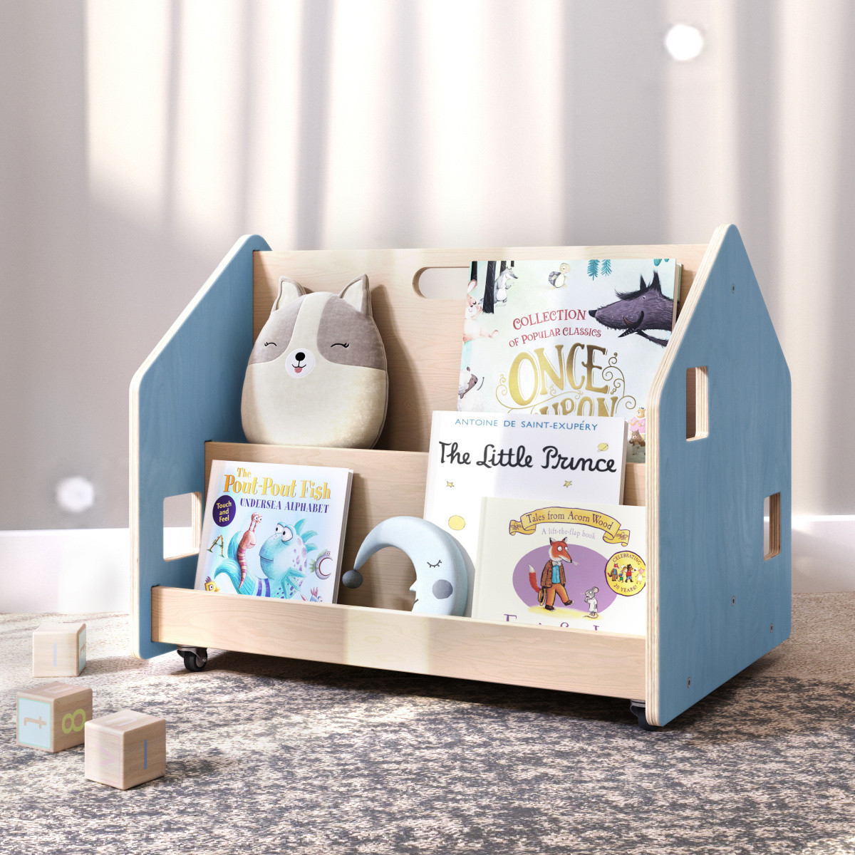 Oboustranná knihovnička na kolečkách – světle modrá