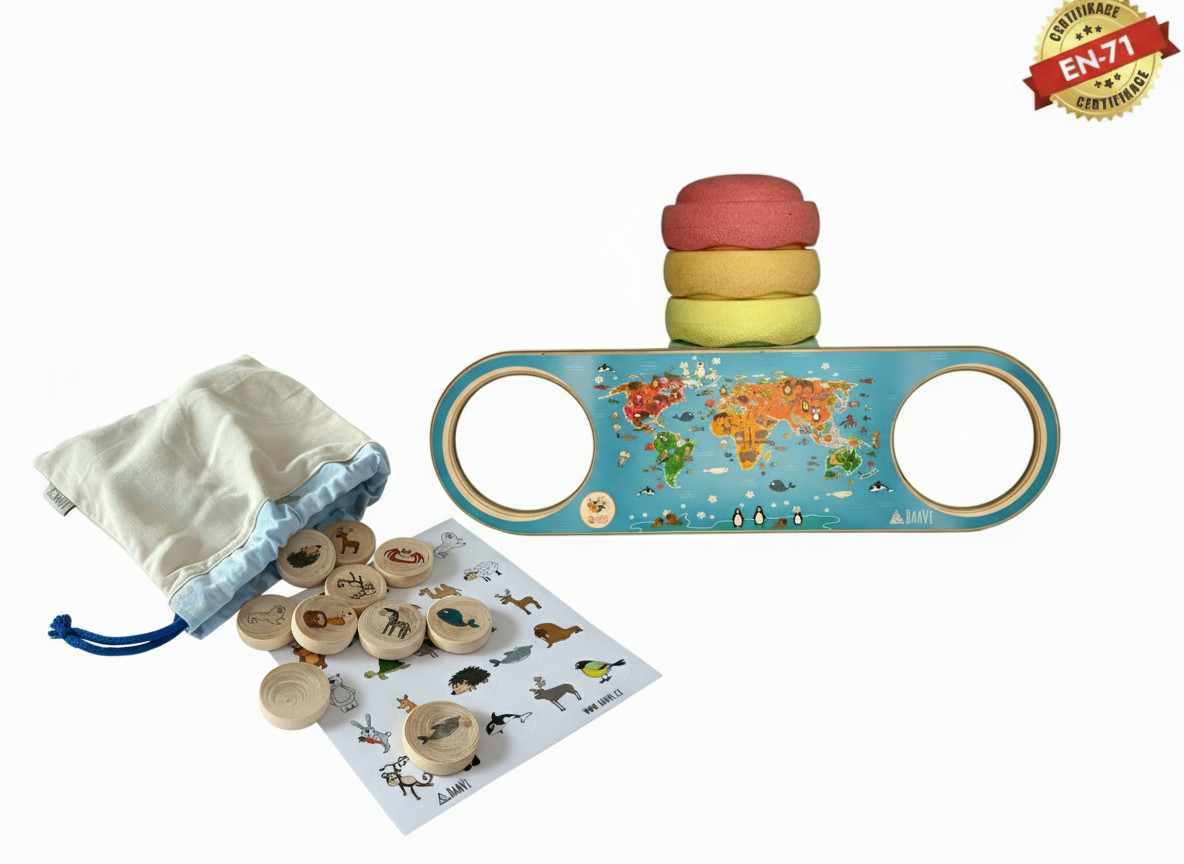 Dřevěný mostek s polepem KONTINENT a HROU zvířátka